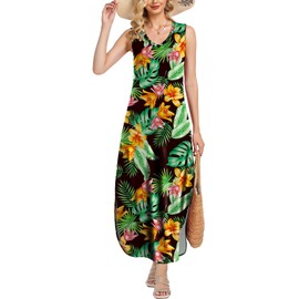Women's Summer Dresses V Neck Flower Sun Dresses Luau Long Casual Dress Rounded Hem Boho Dresses Medium
