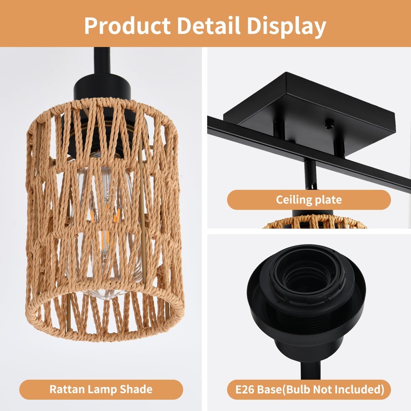 AIBISOD 3-Light Rattan Ceiling Lighting Kits Track Lighting Fixture with