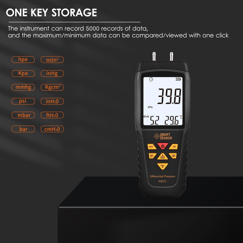 SMART SENSOR AS511 Digital Differential Pressure Gauge -39.98~39.98KPA Manometer Dual