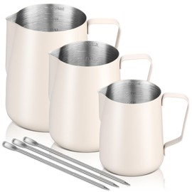Maxdot 3 Pack Milk Frothing Pitcher 12 Oz, 20 and 30 oz Milk Frother Cup Stainless Steel Espresso Steaming Pitcher with Scale Frother Jug with Art Pen for Cappuccino Coffee Latte Art (White)