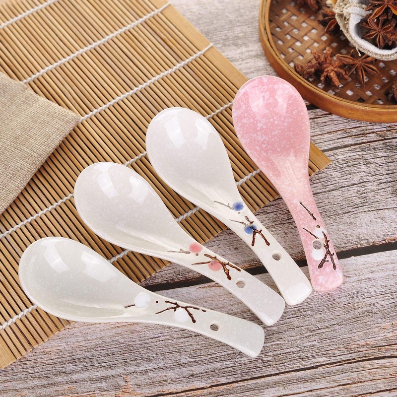 VanEnjoy Set of 4 Chinese/Japanese Ceramic Soup Spoons, Pink Cherry