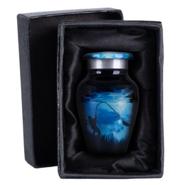 Gone Fishing Urns for Ashes Adult Male & Female - 3 Cubic Inches Decorative Urn, Burial Urns for Dad, Men - Funeral Urn with Velvet Bag and Felted Bottom - Fishing, 1 Small Keepsake