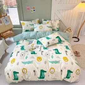 100% Cotton Duvet Cover Single Size Kids Boys Girls Cartoon Crocodile Lion Bedding Set Animal Theme Quilt Cover Set Green All Season Bedding Set, 135×200 cm