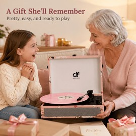 Pink Record Player with Built-in Speakers, Vintage Floral Suitcase Vinyl Record Player 3-Speed (33/45/78 RPM), Belt-Driven Turntable with Headphone Jack/Aux in, Floral