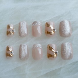 [GLORS] Purely Handmade Short Press On Nails | Elegant French Pink Pearl Gold Fake False Nail | Salon Quality in Short Square Press on Nails 10 pieces (L, SS)