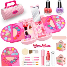 Maquillaje para Niñas, 58 Pzs Kit de Maquillaje Lavables, Juguetes de Maquillaje para Niñas Real, No Tóxico, Estuche de Maquillaje de Princesa con Espejo, Juego de Cosméticos de Simulación, Regalo para Niños 3 años+, Rosa
