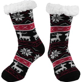 BenSorts Womens Slipper Socks Warm Lining Soft Cozy Fuzzy Winter Thick Sherpa Christmas House Socks with Grippers for ladies Gifts Christmas Black