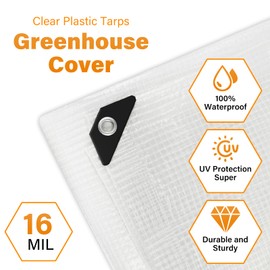 16 Mil Greenhouse Cover,Clear Plastic Tarps Heavy Duty Waterproof 8x10FT,UV Resistant Poly Clear Tarps with Grommets, Greenhouse Heavy Duty Tarp for Gardening, Farming, Nursery, Garden