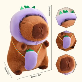 Glowlin Peluche Carpincho 28cm, Lindo Peluche, Regalo para Niños y Niñas, Gorro Berenjena Extraíble y Mochila