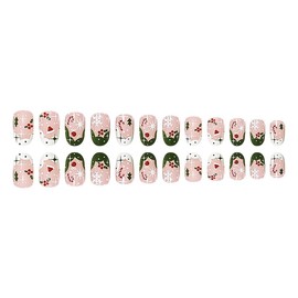Christmas Press on Nails Pink Fake Nails French Tip False Nails with Snowflake Designs Medium Glue on Nails White Tip Stick on Nails Green Tip Acrylic Nails Cute Artificial Nails Full Cover Fake Nails