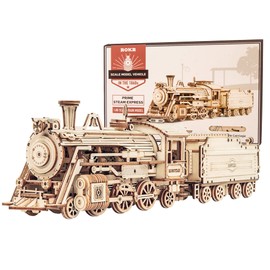 ROKR 3D Wooden Puzzle for Adults-Mechanical Train Model Kits-Brain Teaser Puzzles-Vehicle Building Kits-Unique Gift for Teens on Birthday/Christmas Day(1:80 Scale)(MC501-Prime Steam Express)