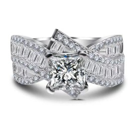 hsiyyecg Princess Square cut Cubic Zirconia Engagement Ring for Women, Simulated Diamond Wedding Band Bridal Sets with Baguette Side Band (10)