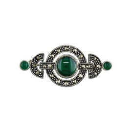 Marcasite & Green Agate Sterling Silver Brooch With Art Deco Circles for Women Ladies - 925 Sterling Silver - Vintage/Antique Style Brooch Pin/Clip. H1694