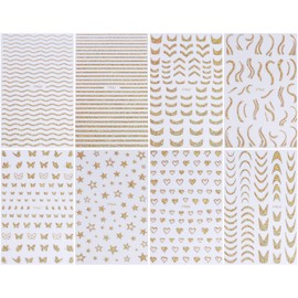 Gold Nail Art Stickers 3D Self-Adhesive Nail Decals French Glitter Line Nail Stickers Stripe Butterfly Star Heart Designs Nail Supplies for Women DIY Acrylic Nail Decoration Accessories 8 Sheet