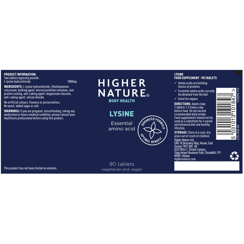 Higher Nature - Lysine - Essential Amino Acid- 500mg -