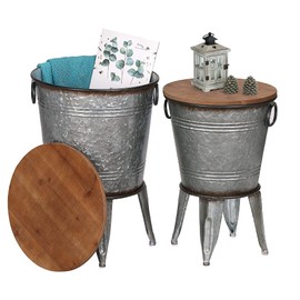 RUSTOWN Farmhouse Accent Side Table, Rustic Antique Galvanized End Coffee or Cocktail Table, Storage Metal Bin with Round Wood Lid Set of 2 (Galvanized), 15.7D x 22.8H Small: 14.2D x 20.5H.