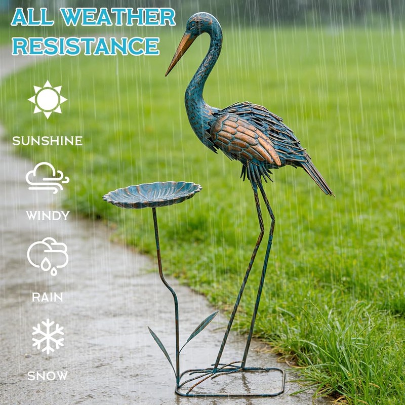 giole Metal Crane Garden Statue for Outside with Leaf Tray