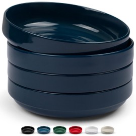 KooK Ceramic Large Pasta Bowls, Microwave and Dishwasher Safe, Great for Soups and Salads, Shallow Serving Bowls, Glossy Porcelain, 47 oz, Set of 4, Navy Blue