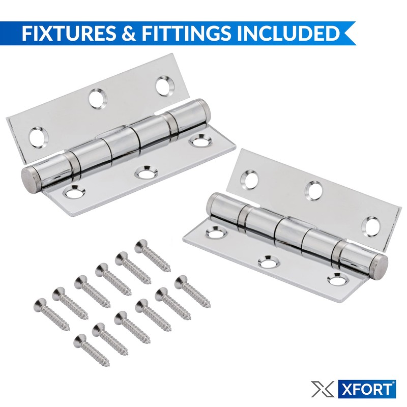 XFORT 3 inch (75mm) Polished Chrome Ball Bearing Hinges, Steel