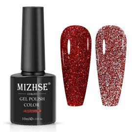 MIZHSE Glitter Red Gel Nail Polish, Reflective Gel Polish Sparkly Shiny Shimmer Nail Gel Soak Off Nail Art Salon Varnish Manicure DIY at Home Christmas Color