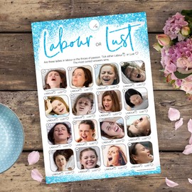 20 x Labour or Lust Baby Shower Game - Boys Blue Glitter Effect (20 Guest Cards + 1 Card of Answers for The Host + Winner's Certificate)