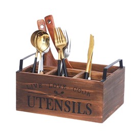 KOVNISE Kitchen Utensil Holder With Handle,Wooden Utensil Organizer for Counter or Countertop, Kitchen Countertop Organizer for Storage Cooking with 4 Compartment, Farmhouse Kitchen Decor
