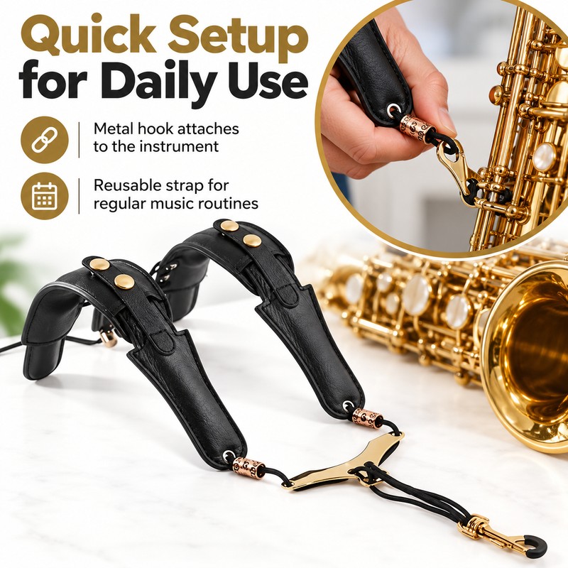 Adjustable Leather Saxophone Shoulder Harness with Aluminum Support Plate, Shoulder-Supported
