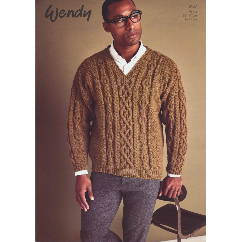 Wendy Aran Knitting Pattern for Mens Cable Knit V Neck