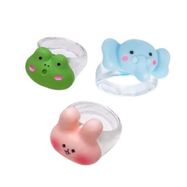 Pastel Pop Glossy Glaze Rings – Mixed Acrylic Styles for Women, Dainty & Chunky Aesthetic Ring for Everyday Looks, Party Favors & Friendship Gifts (Korean Animal 5-Pack)