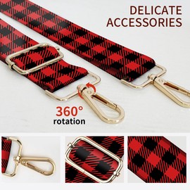 AIOGPD Purse Strap Replacement Crossbody, 3.8cm Wide Shoulder Strap Adjustable Replacement Belt Gold Buckle, Handbag Crossbody Bag Strap Black Red Plaid