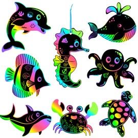 JULMELON 36 PCS Ocean Crafts, Rainbow Scratch Art Under The Sea Party Favors DIY Magic Color Summer Ocean Animals Scratch Cards for Summer Party Favors School Activities