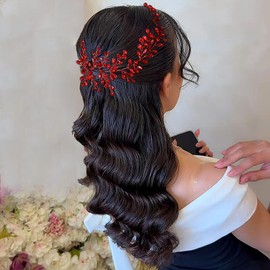 JHOO Bridal Wedding Headbands Rhinestone Women Hair Accessories HairPiece for Parties, Dances, And Special Occasions (Red, one size)