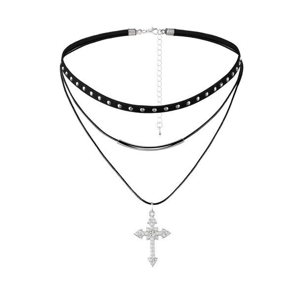 MILAKOO Cross Pendant Necklace Multi-layered Choker Crucifix with Rhinestone Vintage