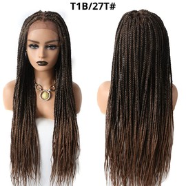 RESHE Box Braided Lace Front Wigs For Black Women Knotless Cornrow Braids Wigs Light Weight Braiding Wigs For Black Women Synthetic Twisted Full Lace Braided Wigs Baby Hair (#1B/27T-#Black/KhakiT)