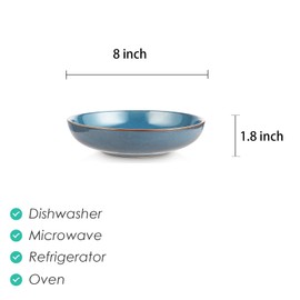 Selamica Ceramic 8 inch Pasta Bowls, 26 Ounce Large Serving Bowl Porcelain Salad Bowls, Dishwasher Microwave Safe, Set of 6(Ceylon Blue)