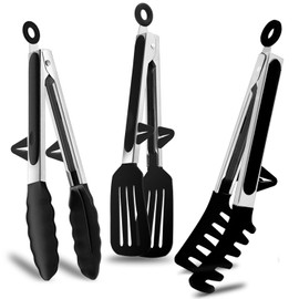 Kitchen Tongs, 9 Inch Tongs for Cooking with Silicone Tips, Food Grade Small Silicone Tongs, Mini Serving Tongs for Nonstick Pans, BBQ, Salad, Set of 3, Black