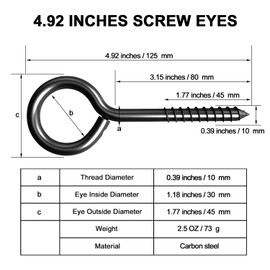 ZAUGONTW 5 Inch Eye Hooks, Eye Bolts Screw in Hooks Stainless Steel, 6 Pcs Heavy Duty Black Large Screw Eyes Hook for Hanging, Tie-Downs, Heavy-Duty Applications