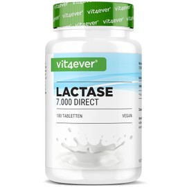 vit4ever Lactase 7,000 FCC – 180 Tablets – with Immediate Effect | High dose, for lactose intolerance + milk intolerance, without unwanted additives, laboratory tested, vegan