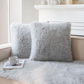 Neelvin Light Grey Faux Fur Cozy Fluffy Double-Sided Decorative Throw Pillow Covers 16x16 inch Set of 2,Velvet Pillowcase Cushion Case for Sofa Couch