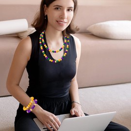 FAERLIIRY Mardi Gras Beads Necklace Bracelets Carnival Necklaces Purple Green Gold Beads Bracelets Layered Carnival Necklace Mardi Gras Accessories, Large, Plastic, No Gemstone