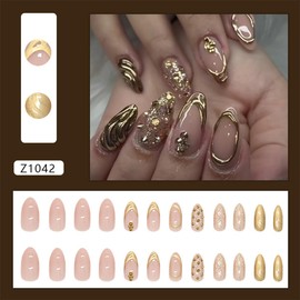 Almond Press on Nails Gold French Tip Fake Nails with Designs Chrome Acrylic Nails Glossy Nude Pink Full Cover Stick on Nails Artificial Almond Nails Tips False Nails for Women Manicure 24Pcs