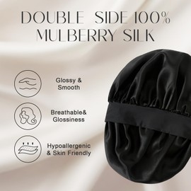 ZIMASILK 100% Adjustable Mulberry Silk Beauty Bonnet for Sleeping Women Double Layer Silk with Button Hair Care Stay on Head (1Pc, Black)