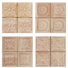 Wifehelper 4Pcs Carving Checkered Applique Unpainted Decal for Furniture Decoration Natural Wood Appliques Square Flower Carving Decals Decorative Wooden Craft 6x6cm(3#)