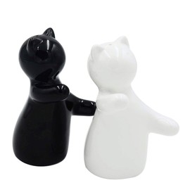 Holitika Cute Salt and Pepper Shakers, Funny Ceramic Jar Kitchen Accessories Set, Hugging Cat Couple Set, Chip-free Ceramic, Easy to Refill & Dispense- Perfect for Gift, White & Black Set,S1