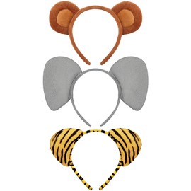 Cindeer 3 Pcs Zoo Animal Ear Costume Headband Jungle Safari Plush Ear Hair Hoop for Adult Animal Party Cosplay Prop(Monkey, Elephant, Tiger)