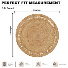 Limecasa,Hand Woven Farmhouse Jute Area Rug 3 Ft Round Natural Yarn, Rustic Vintage Beige Braided Reversible Rug, Eco Friendly Rugs for Bedroom, Kitchen, Living Room, Farmhouse 100% Jute Rug