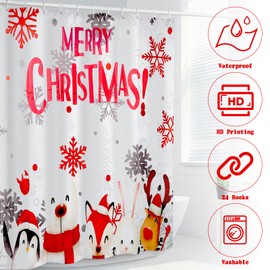 4 Pcs Christmas Shower Curtain Set, Christmas Bathroom Sets with Shower Curtain 70.86*70.86 icnhs, Non-Slip Rugs, Toilet Lid Cover, Bath Mat and 24 Hooks, Christmas Holiday Bathroom Decor with Hooks