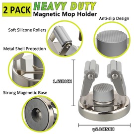 ULIBERMAGNET Magnetic Mop Broom Holder,Heavy Duty Movable Magnetic Tools Holder,Anti-slip Magnetic Mounted Utility Storage Mop Shovel Hanger for Garage, Kitchen, Laundry, Garden(2 Pack/Silver)