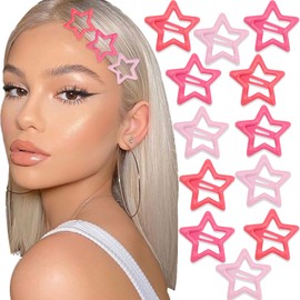 NAISKA Pink Star Hair Clips Non Slip Hair Pins Snap Hair Barrettes Cute Hair Accessories for Girls Women Mutil Colors Hair Decoration(12PCS)