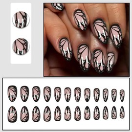 VIVABOMS Press On Nails,Black Sweet & Edgy Butterfly Elegant False Nails Tips Artificial Nails for DIY Home Use, Party & Daily Wear 24 PCS
